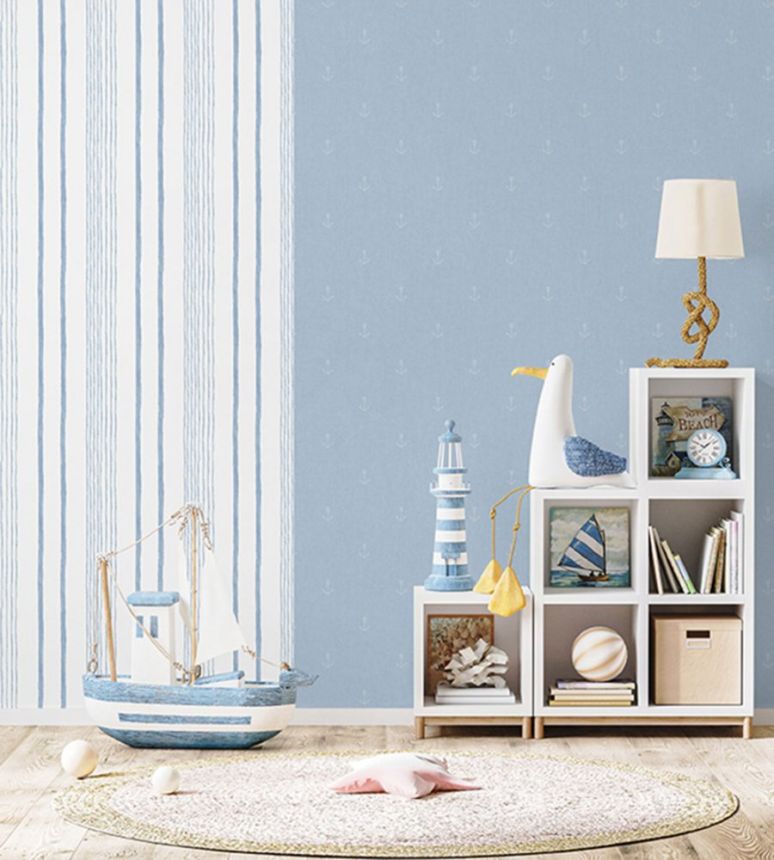 Non-woven white wallpaper with blue stripes M33311, My Kingdom, Ugépa
