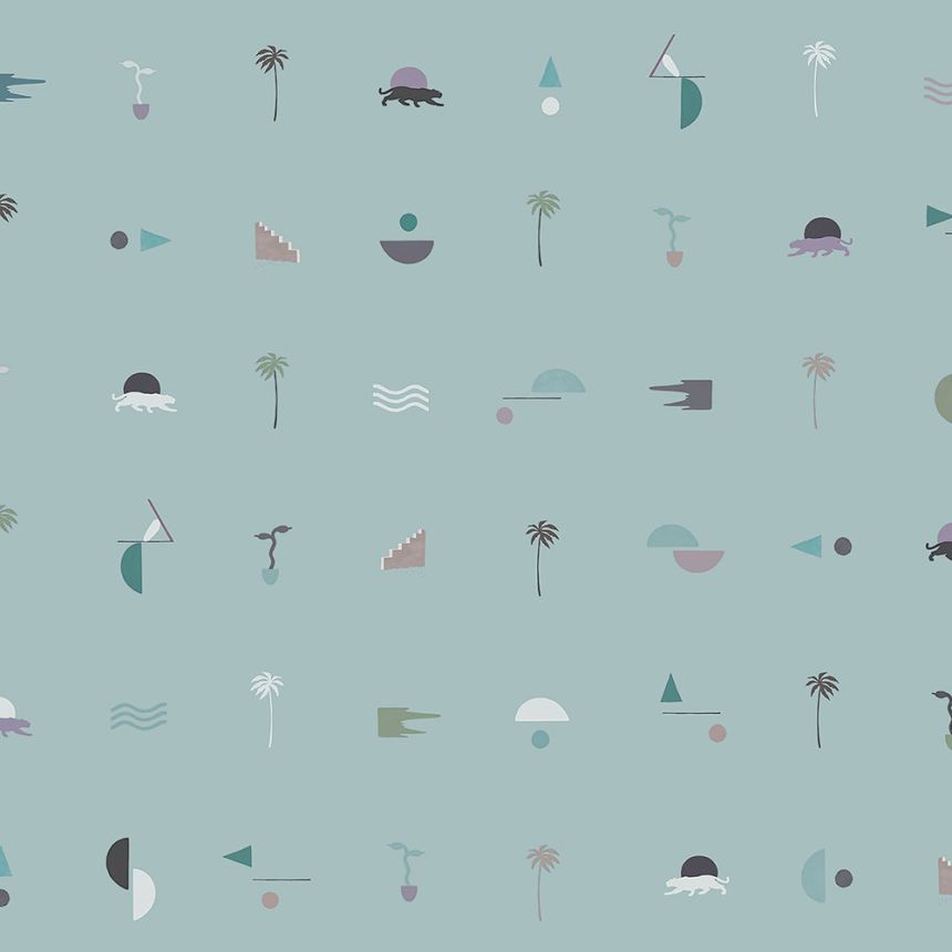 Blue non-woven wallpaper with palm trees, panthers 6510-1, 106x300cm, Batabasta, ICH Wallcoverings